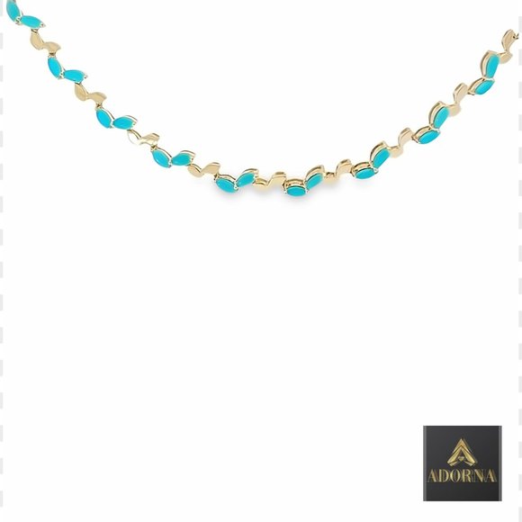 Turquoise Marquise 14K (or 18k upon request) Yellow Gold Leaf Motif Necklace - Picture 1 of 4